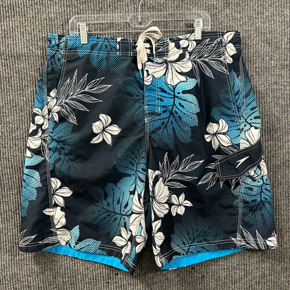 Speedo Mens Board Shorts Sizeโ XL Blue Floral Pull On Elastic Waist Drawstring